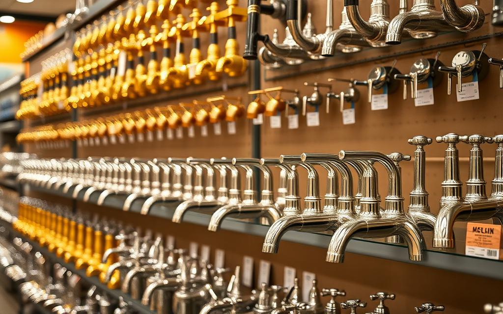 Brass and stainless steel taps lined up on a hardware supplier shelf