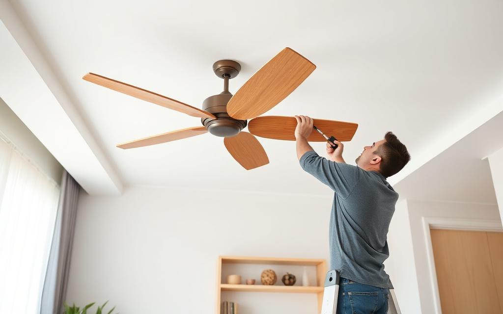 Electrician securing a new ceiling fan to a proper mounting hook