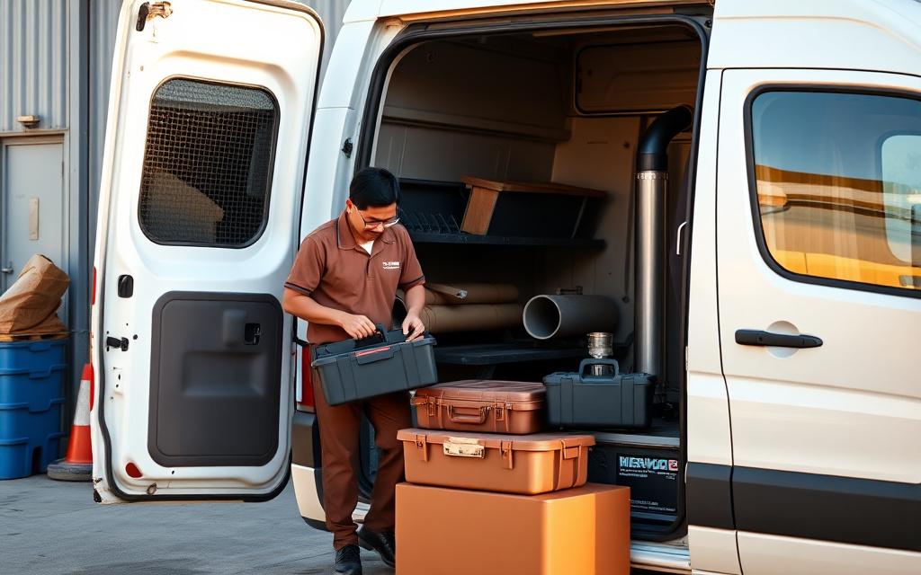 Brewdesk technicians loading equipment into the service van outside the Kepong workshop