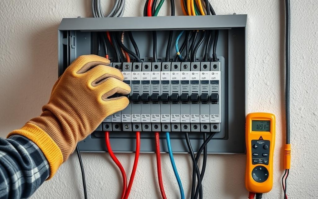 Registered wireman fitting labelled breakers into a new distribution board