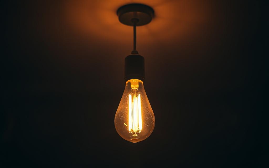 Filament bulb glowing warmly against a dark ceiling