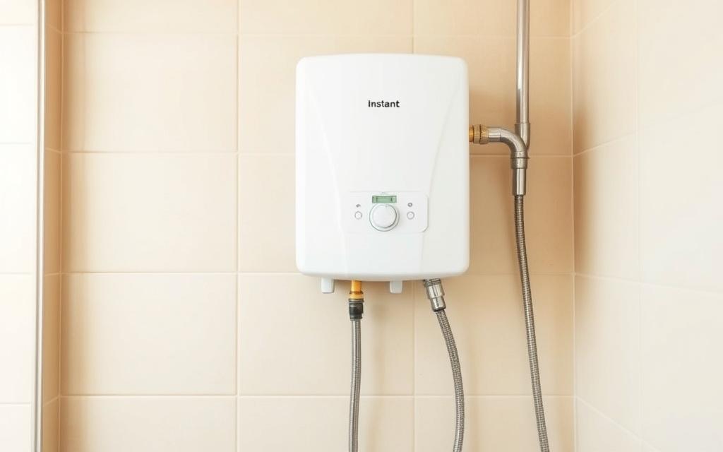 New instant water heater wired and plumbed on a tiled bathroom wall