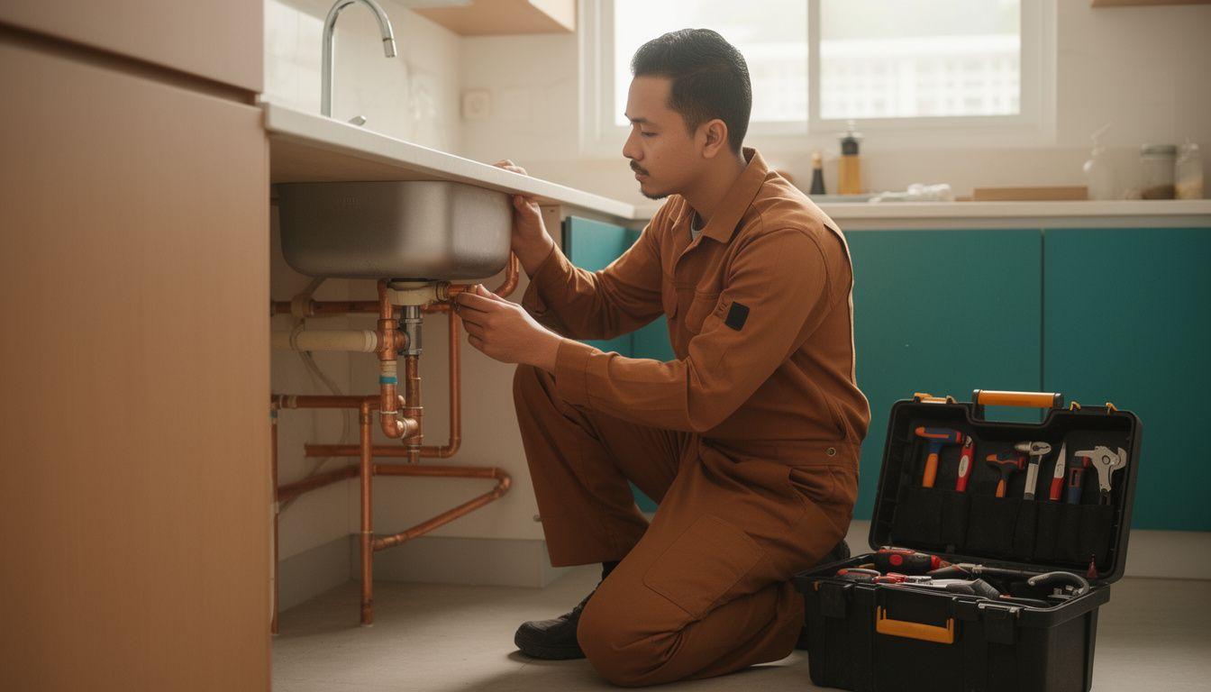 Brewdesk technician checking pipework under a sink in a Kuala Lumpur terrace home