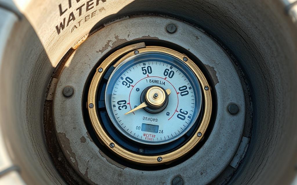 Close view of a domestic water meter showing the black and red dials