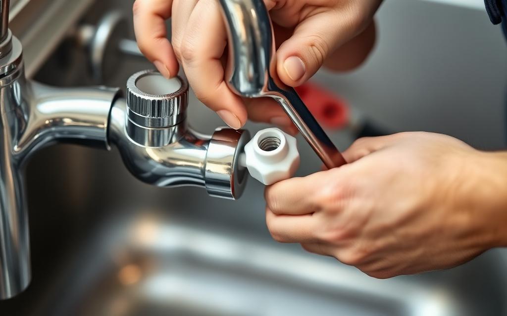 Plumber repairing a leaking tap at a kitchen sink
