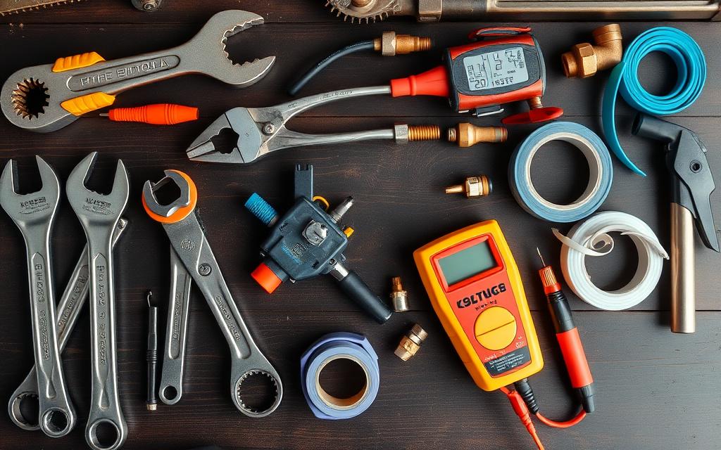 Neatly arranged plumbing and electrical tools ready for a job