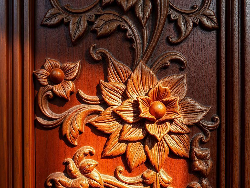 Hand-carved floral relief on a hardwood door panel
