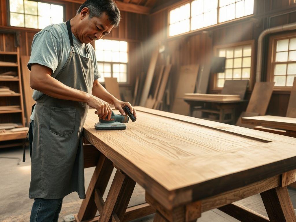 Craftsman working on a hardwood door in the mill