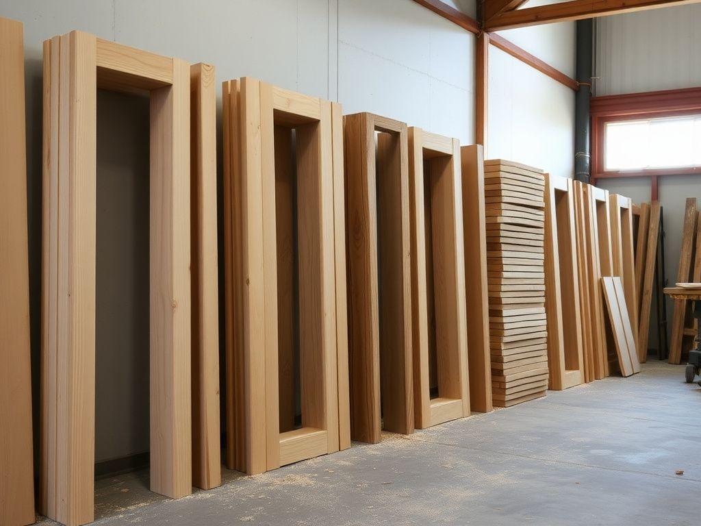 Finished hardwood door frames stacked in the workshop