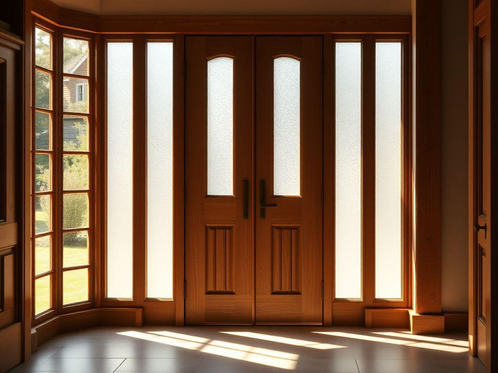 Timber entrance door with frosted and clear glass panels