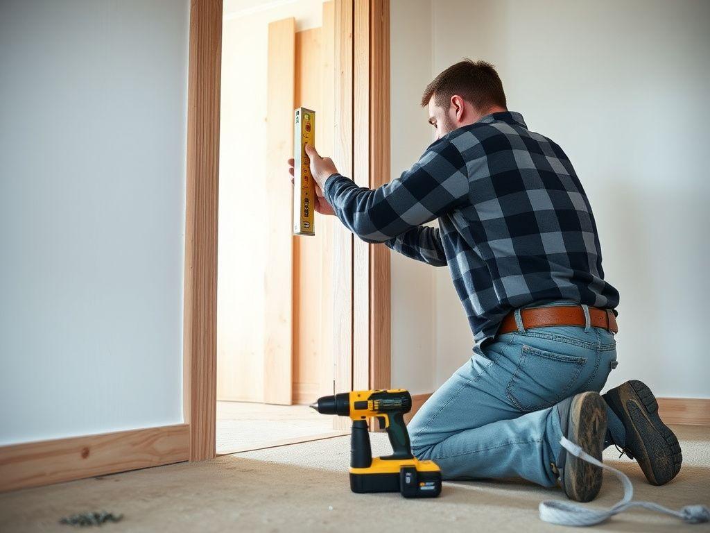 Carpenter levelling a hardwood door frame in a new opening