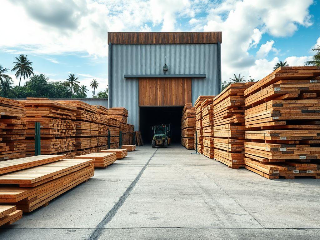 Stacks of sawn hardwood boards drying beside a kiln chamber