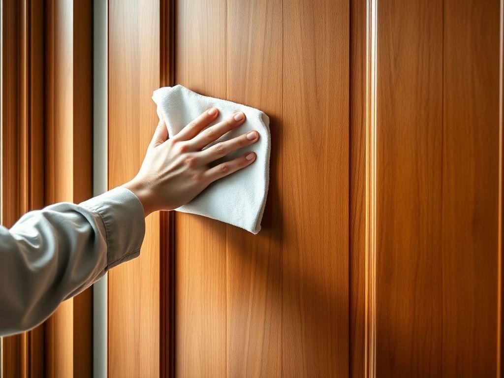 Hand wiping a hardwood door panel with a soft cloth