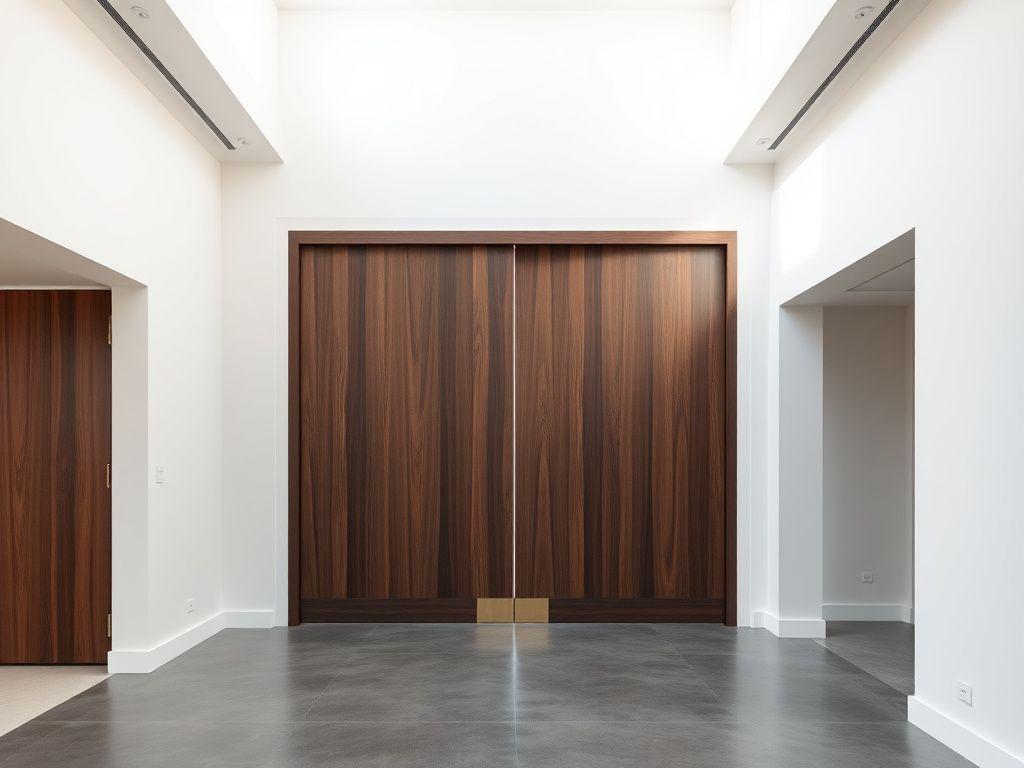 Wide timber pivot door in a bright Malaysian entrance hall