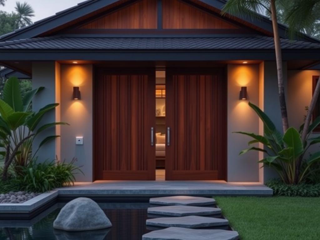 Twin hardwood entrance doors at a contemporary tropical bungalow