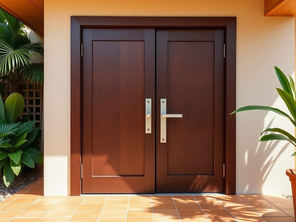 Reinforced hardwood security door on a house porch