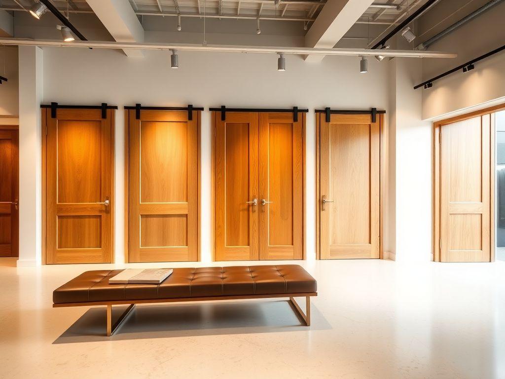 Row of hardwood doors displayed upright in a showroom