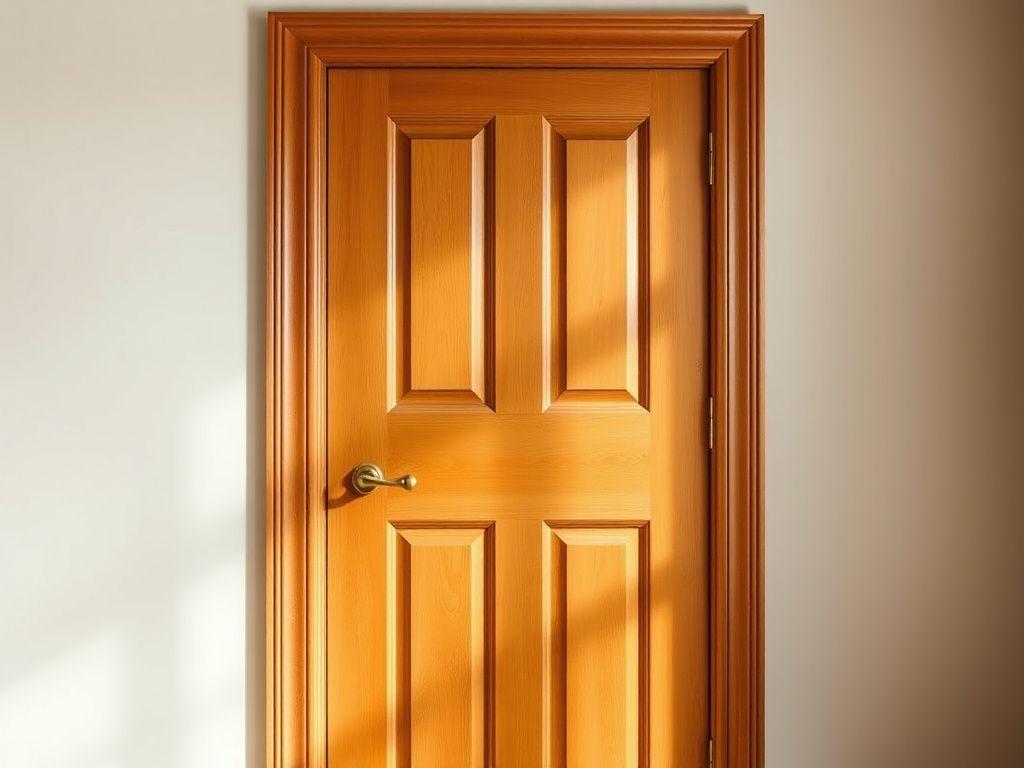 Classic six-panel solid hardwood door in a honey stain
