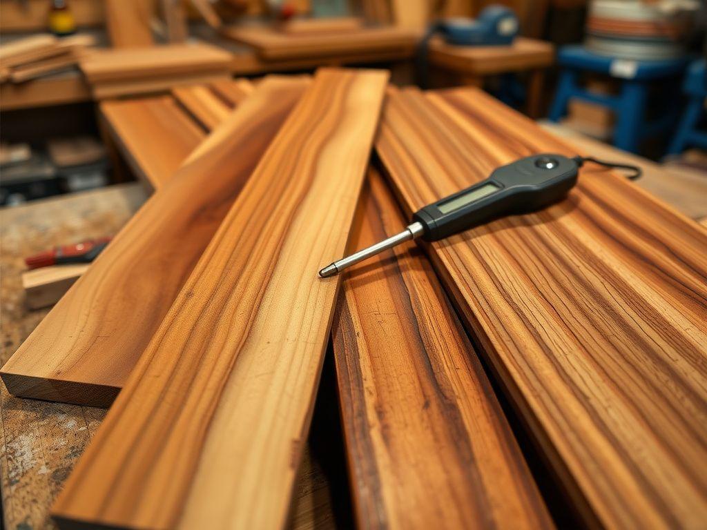 Freshly planed tropical hardwood boards on a workbench