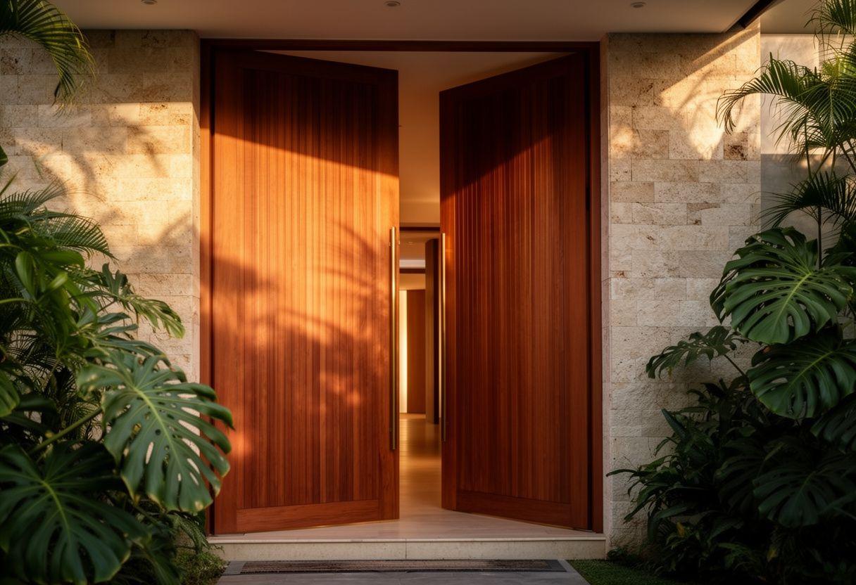 Hardwood pivot door at the entrance of a tropical villa